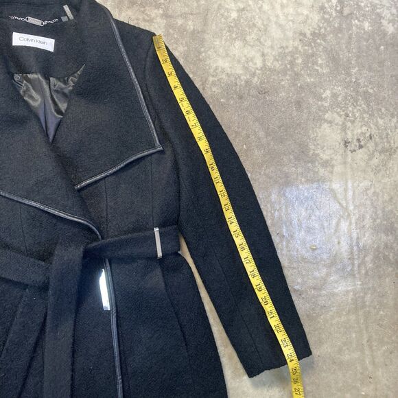 Calvin Klein Trench Coat Womens 10 Black Belted Wool Blend Mid Length - Picture 2 of 11